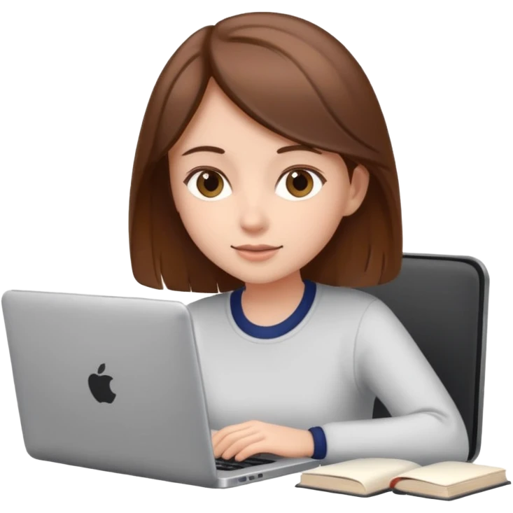 Девушка с коричневыми волосами изучает английский язык на ноутбуке emoji