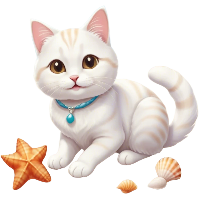 A cheerful white cat with soft fur, sitting on a sandy beach under a bright sun, with a small seashell next to its paw and gentle waves in the background. The cat has a playful expression, and its tail is curled around its body. The scene is simple, with a focus on the cat's happiness and the serene beach atmosphere.good deer emoji