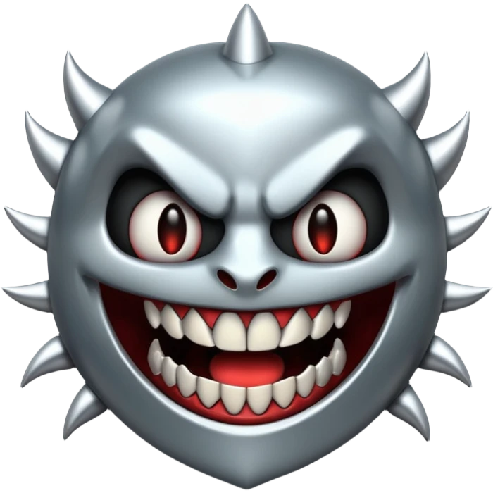Stylized emoji icon of metallic teeth with sharp fangs, chrome texture, dark shadows, aggressive look emoji