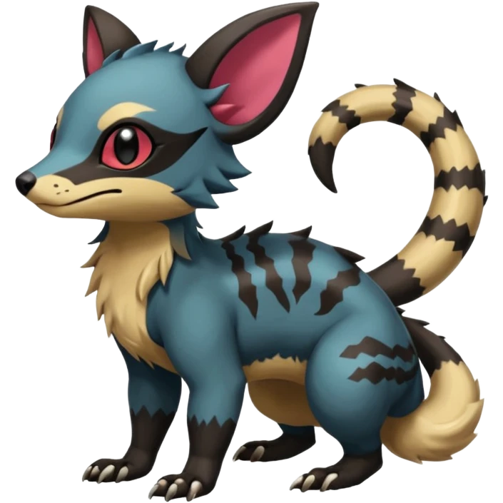 Rare exotic cute epic aesthetic gothic colorful Salandit-Eevee-Civet-species-Fakemon-hybrid-creature, with markings, full body emoji