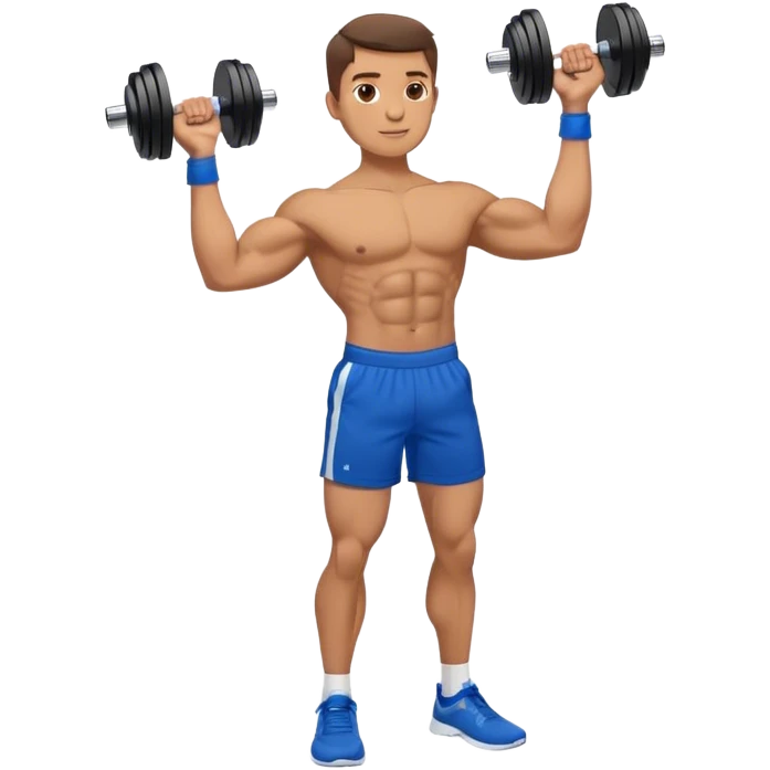 man with blue shorts doing side-lateral raise (T pose) with light dumbbells emoji