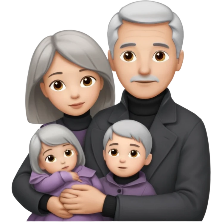 A father with silver-grey hair styled neatly and a clean-shaven face, wearing a dark turtleneck and wool coat, holding his girl child gently. The child has light brown hair and a soft white dress. Warm cinematic lighting, emotional close-up. emoji