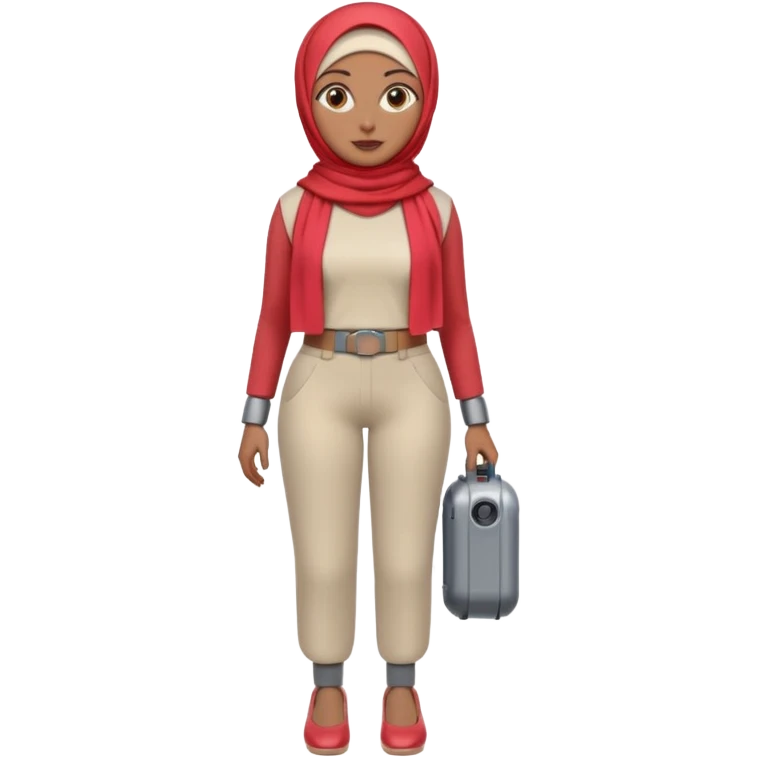Heavy-set woman with medium-brown skin wearing a light red hijab, cream top, light red pants, tan shoes, and a grey robot leg. Standing confidently with one hand on her hip emoji