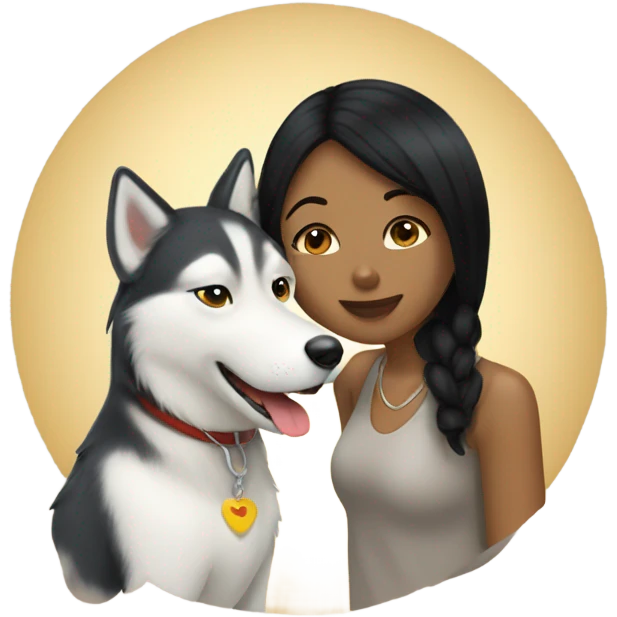 A golden beige Husky next to him a girl with black hair who kisses him on the cheek emoji