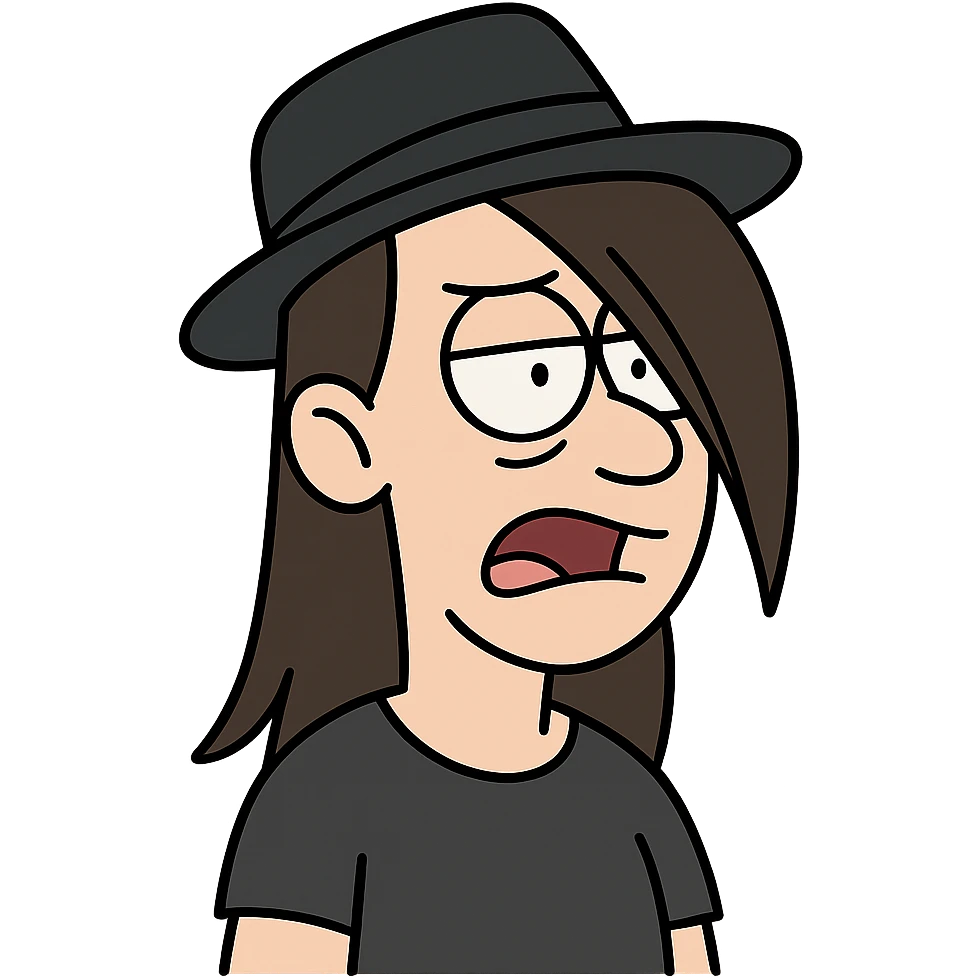 face with a black hat and long side bangs, cartoon style emoji