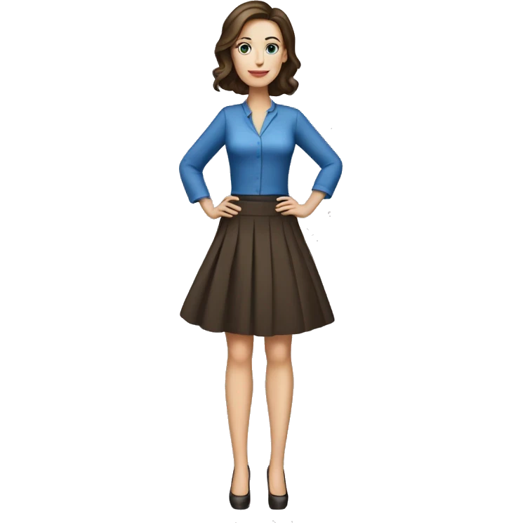 White woman in skirt and high heels with dark brown hair and blue eyes emoji