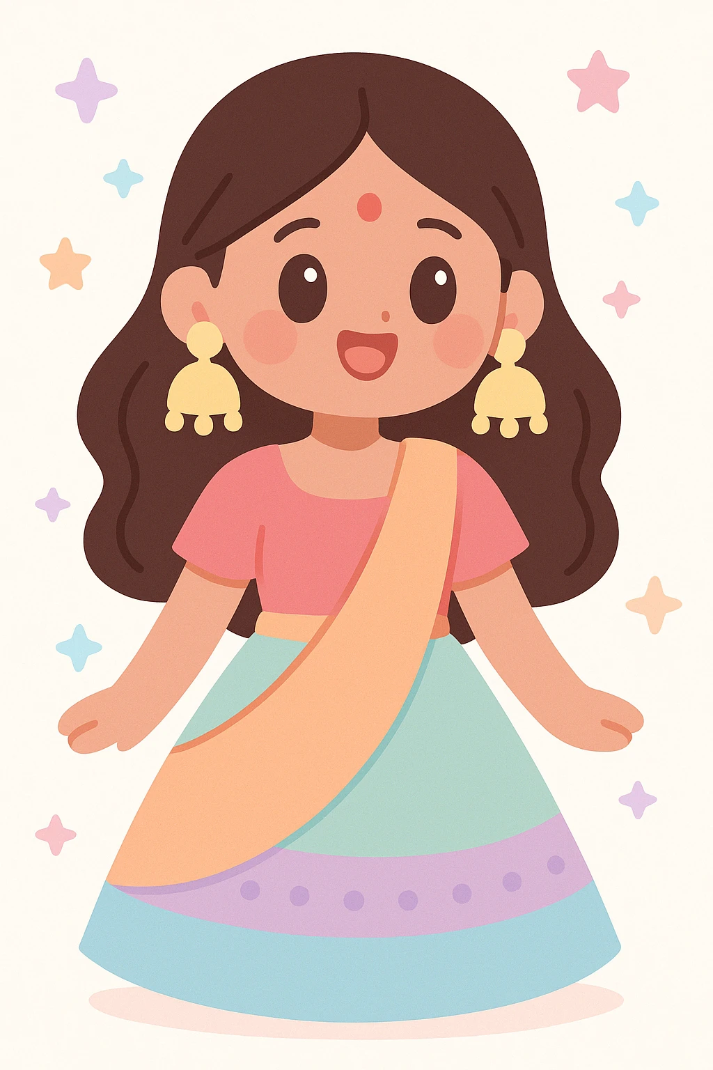 young Indian woman in a festive lehenga, bindi on forehead, big statement earrings, joyful and festive look emoji