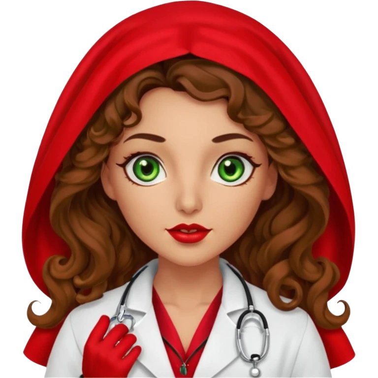 Spanish sexy evil woman. She has green eyes.  had brown long curly hair.  evil surgeon kills with needle wears red sexy doctor coat with red Juliet veil on her mouth and nose ONLY to hide and wearing red gloves. Hair is free and flowing long  emoji