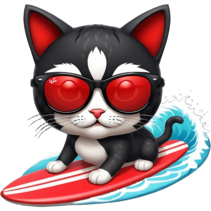 a bad kitty on the waves. make the cat look devlishish with a pair of black ray bans wayfers on. surfing. I want the ray bans black so you cant see the cats eyes emoji