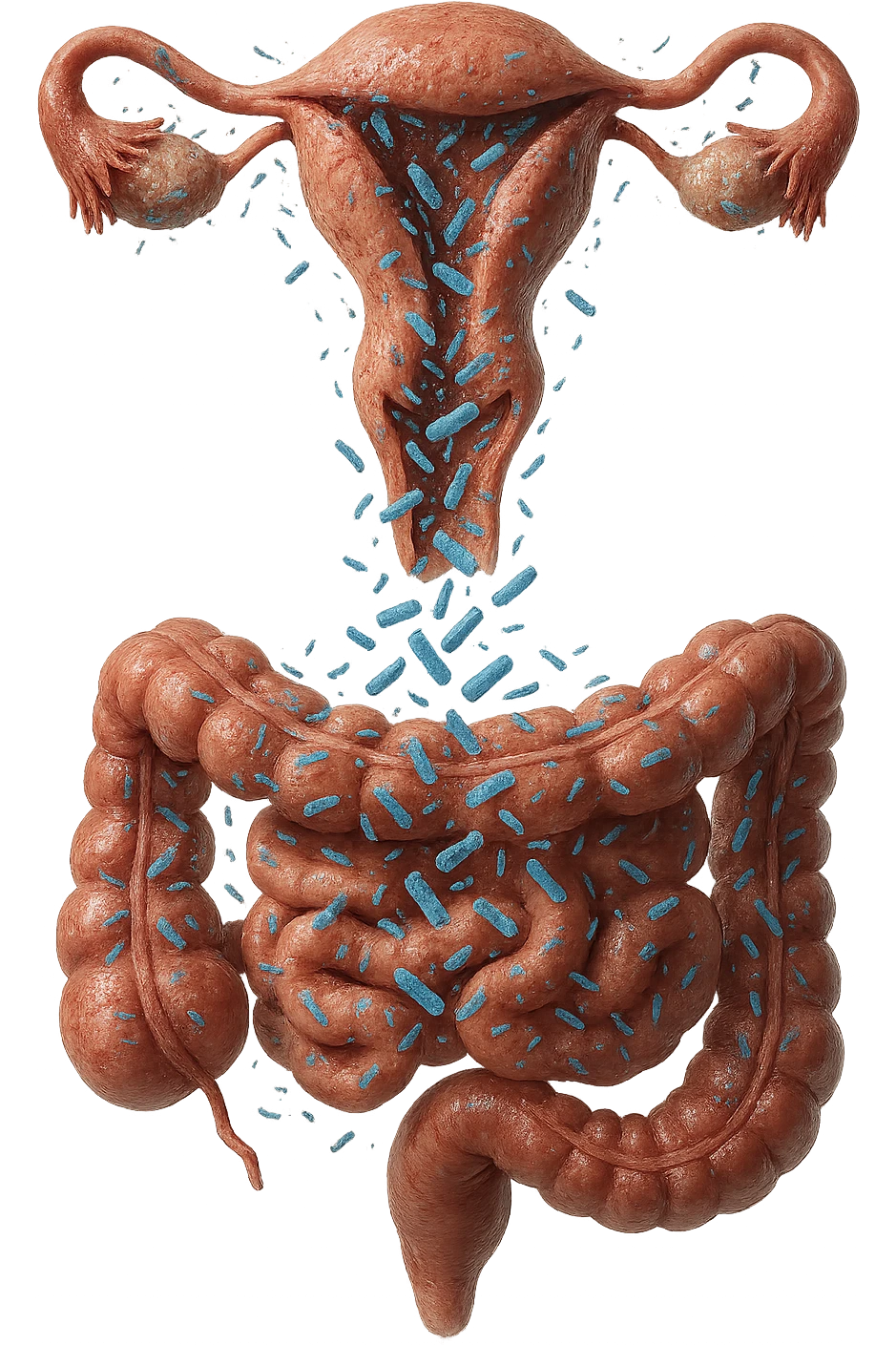 UTERO UMANO E INTESTINO ANATOMICI REALISTICI SONO UNO SOPRA ALL'ALTRO E SI PASSANO I BATTERI A VICENDA, CON BATTERI CHE ESCONO DALL'INTERNO, IPERREALISTICO 4K, NON DISEGNATO emoji
