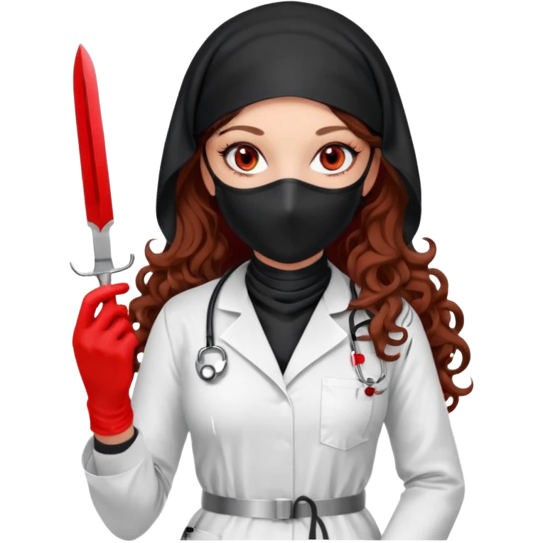 


Scary woman scalpel in hand, evil surgeon sexy surgeon clothes.  She has redcolored  eyes. Her  hair only is free ne brown long curly hair. Wears sexy doctor outfit with red gloves. make her wear full Muslim burka to mask and nose mouth mask  to hide. Wears white surgeon coat, wears  stilettos emoji