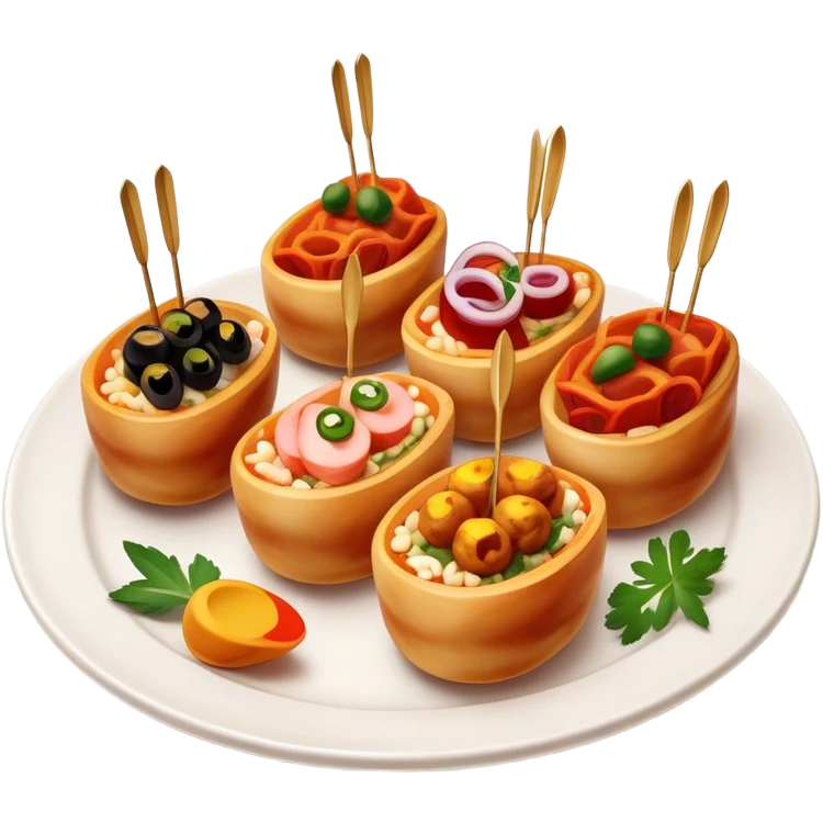 Tapas (4 Pintxos) Cinematic Realistic Tapas Dish Emoji, depicted as an assortment of 4 pintxos elegantly arranged on a plate, rendered with lifelike textures and vibrant, inviting lighting. emoji