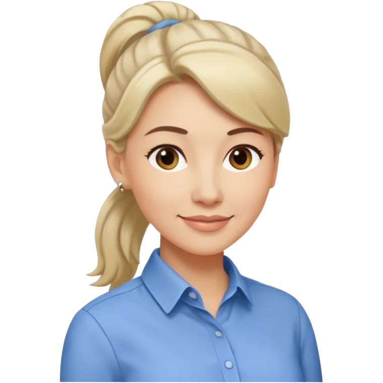 Женщина среднего возраста с волосами, собранными в аккуратный хвост, лёгкая уверенная улыбка, строгая однотонная блузка, стиль деловой и сдержанный. emoji