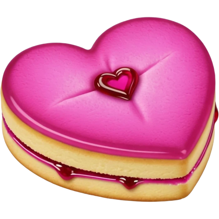 Realistic shortbread cookie in the shape of a heart with Fuchsia color jelly middle filling and sprinkled powder sugar on top. emoji