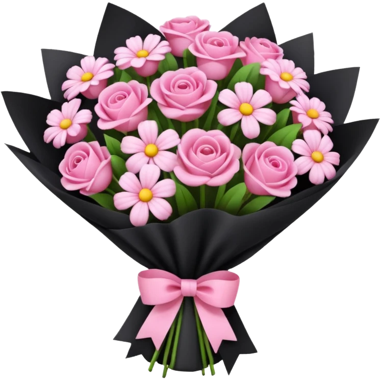 Create a baby pink and dark pink flowers bouquet with black wrap paper and with white bow emoji