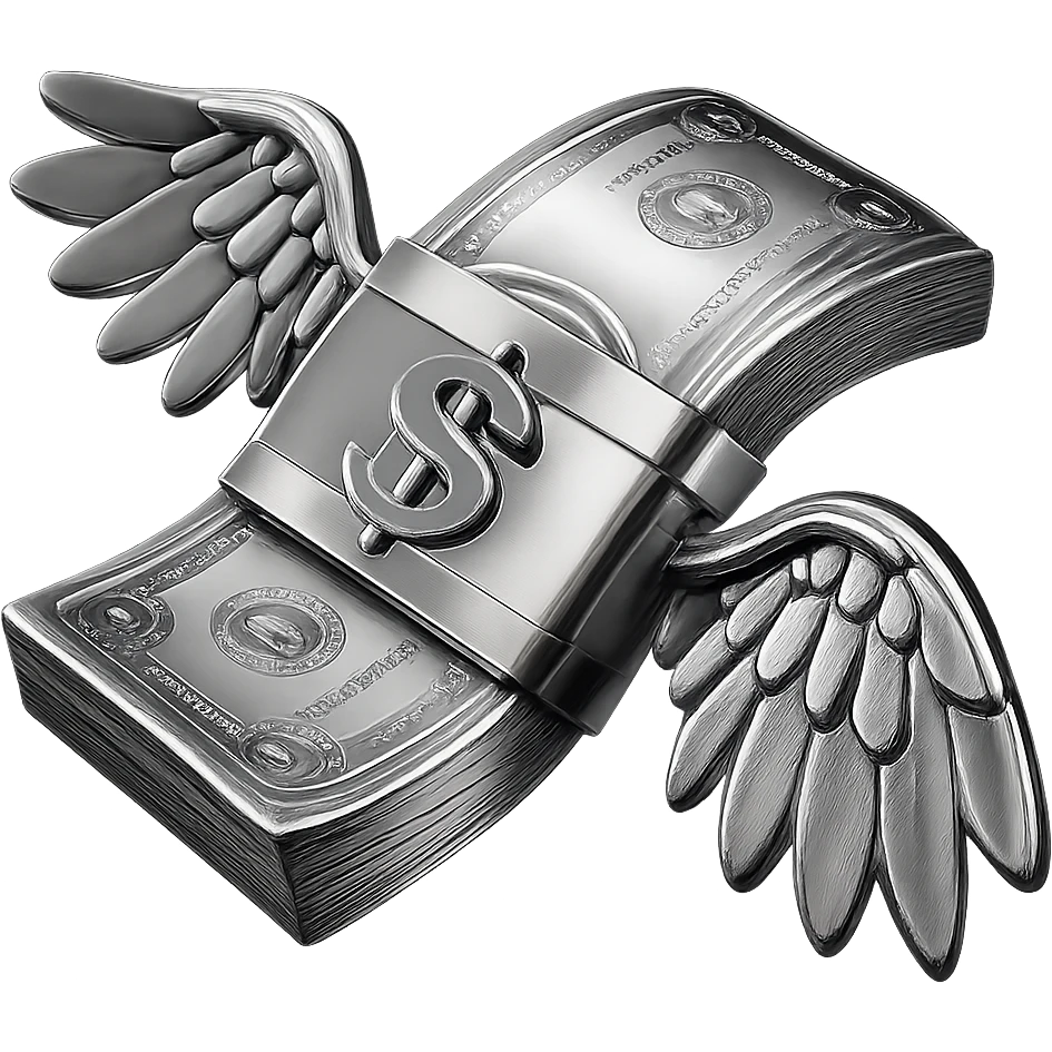 Turn this cash with wings into a chrome style, metallic, shiny, modern, keeping the same shape and wing details. emoji