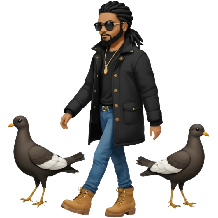 African American man with shoulder length black dreadlocks with black beard wearing black sunglasses wearing a black bubble winter coat wearing denim skinny jeans wearing wheat timberland boots walking with a dove behind him emoji