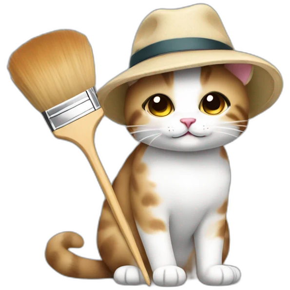 Kawaii cat artist in hat with palette and brush so it can be used as a mouse cursor emoji