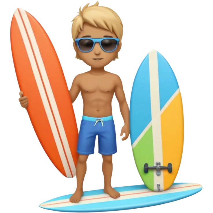 cute male surfer riding a wave, wearing shorts, sunglasses, holding balance, colorful surfboard, 3D cartoon, mobile game icon, clean background, no text emoji