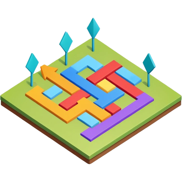 an isometric field with multi-colored tiles and directional arrows emoji
