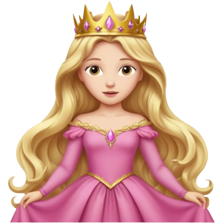 Princess Aurora in a pink dress, gold crown, wavy hair emoji