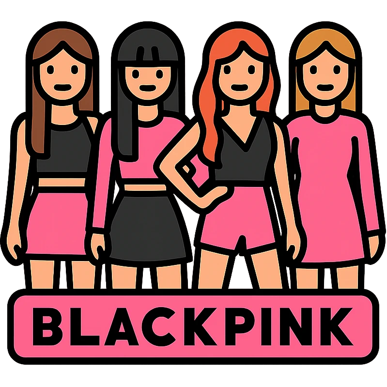 Blackpink, K-pop group, group pose, matching pink and black outfits, confident, color outline icon style emoji