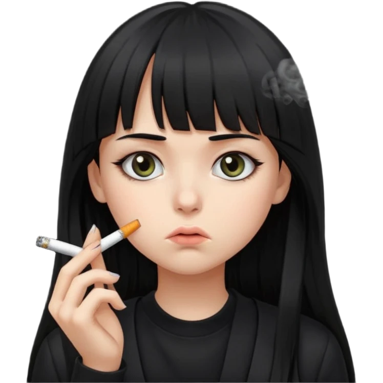 teen girl with long black hair and straight bangs, big eyes looking tired, not smiling, all black clothes, smoking cigarette emoji