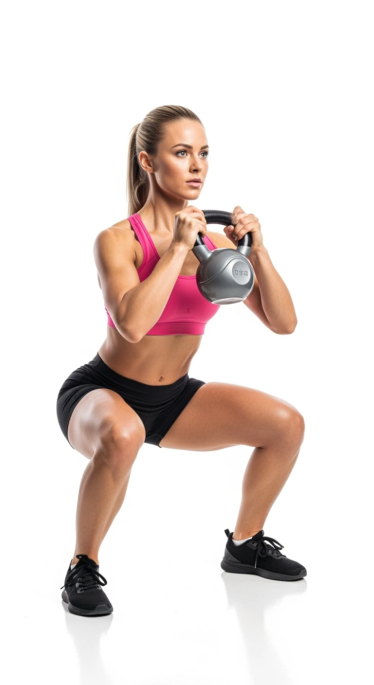 donna fitness in forma con kettlebell mentre fa uno squat, isolata su sfondo bianco emoji