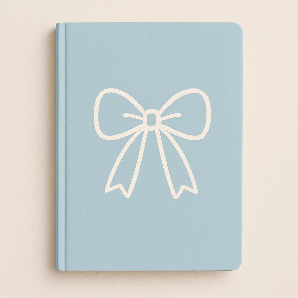 notebook with a pastel blue cover and a white bow sketch on the front, cute and simple emoji