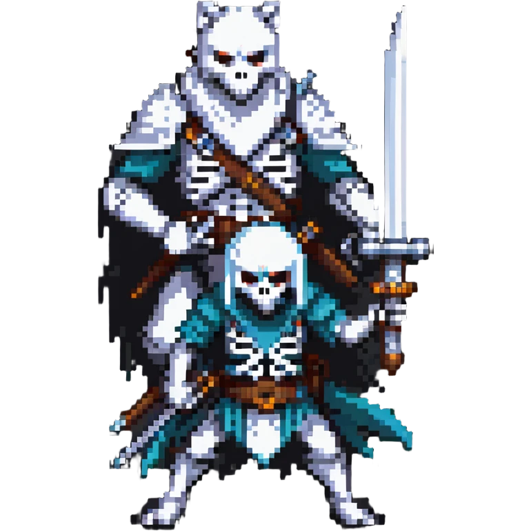 pixel art ninja skeleton wielding swords, accompanied by a white wolf emoji