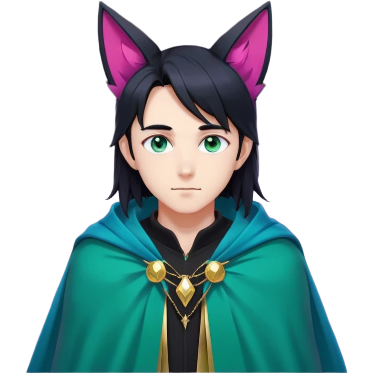 anime man with long-straight-dark-black hair, long black fox ears with pink Scapha, colorful-gradient-brown-turquoise eyes, gold earring, dark-blue-sweater, green cape, white pupils emoji