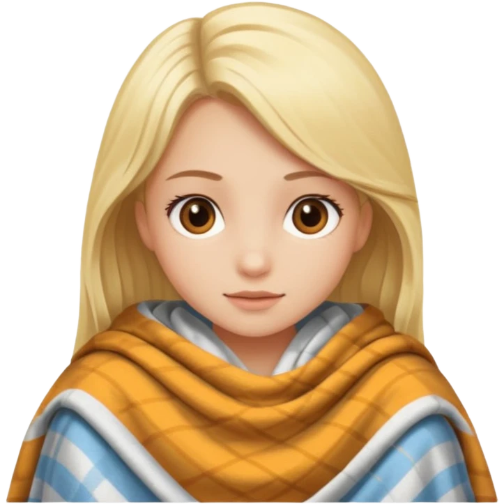Chica rubia de ojos café y con una manta por el frío  emoji