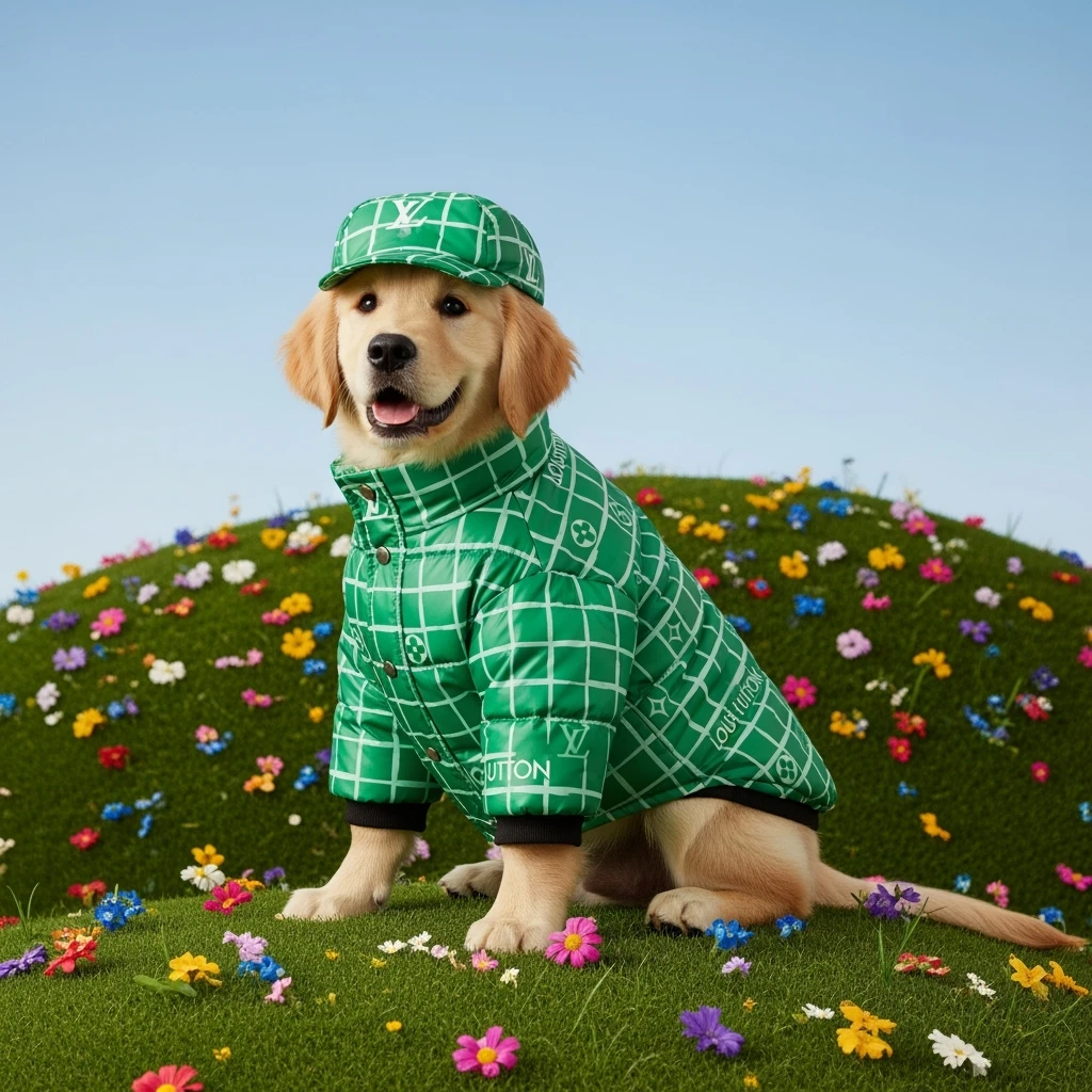 Medium shot, Photo of a puppy golden retriver sitting, dress in abstract (green) grid puffer Louis Vuitton jacket, express body, soft light, golden retriver sitting on grass hill with colorfull flowers, green cap, blue minimalistic sky in background, studio emoji