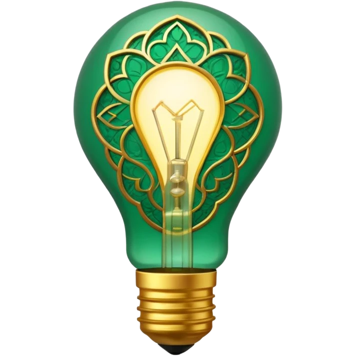 3D emoji, light bulb with Moroccan arabesque pattern inside, golden frame, glowing light, emerald green and gold colors, minimalist, white background. emoji