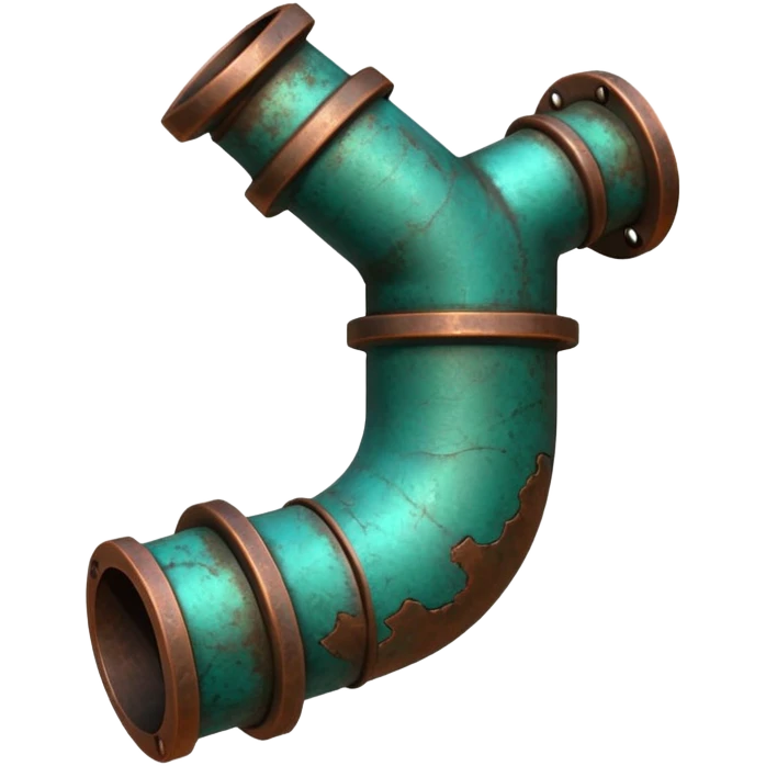 3D render of Garden Pipe, heavily oxidized copper texture, verdigris patina, Pipe joint with teal oxidation, weathered bronze aesthetic, ancient decay, emoji style, isolated on white background --v 6.0. emoji