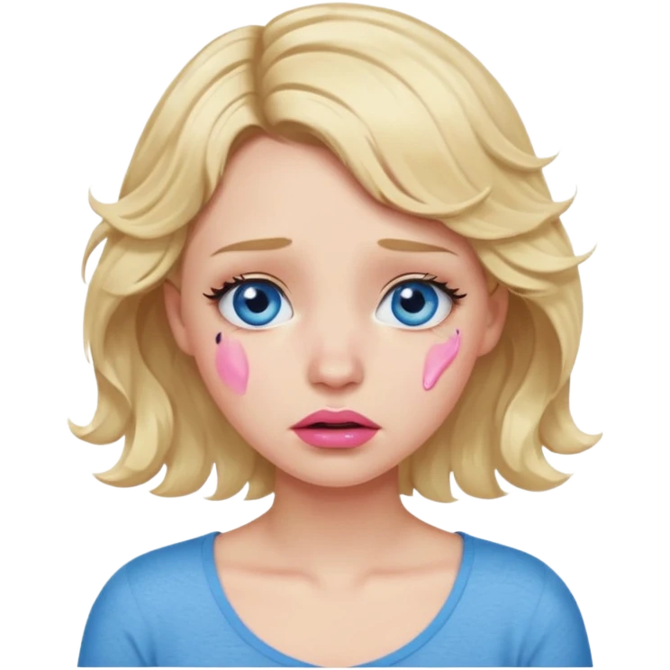 Girl Blonde short wavy hair,  blue eyes, cute blue top, long lashes, pink lips,crying with big tears running down the face  emoji