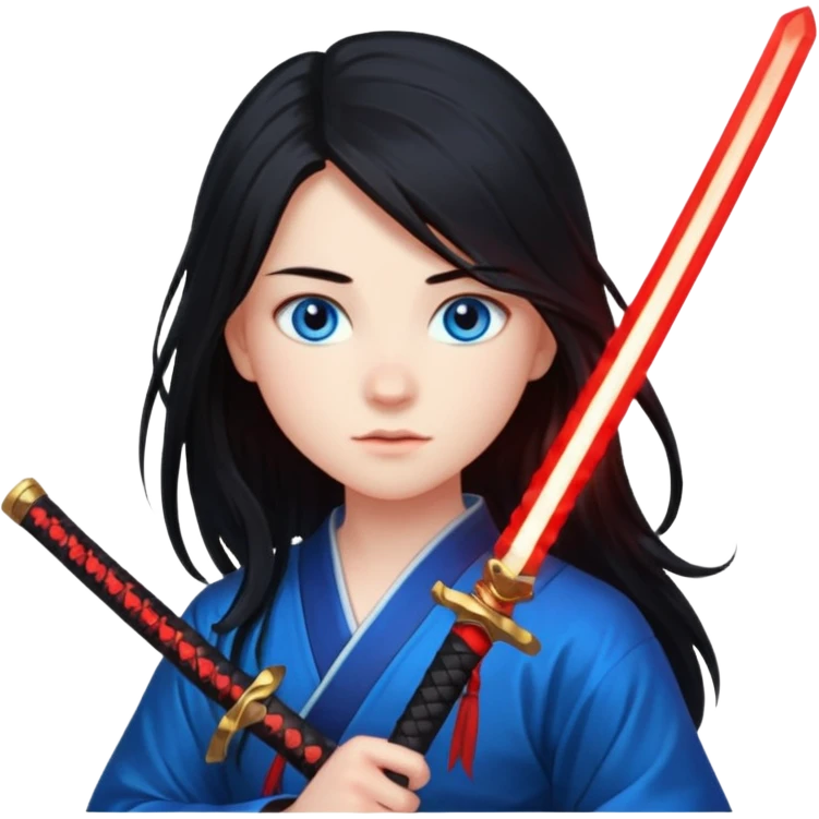 A 14 year old with red glowing katana and his hair be long and eye colour of blur emoji