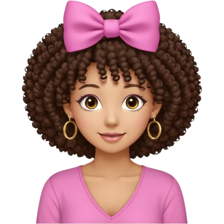 Naturally tan skin girl short darkBrown curly afropink shirt very long lashes hoop gold earrings Brown eyes gyaru smiling closed mouth cute bow hairclip small on the side. V neck pink shirt. Teenager emoji
