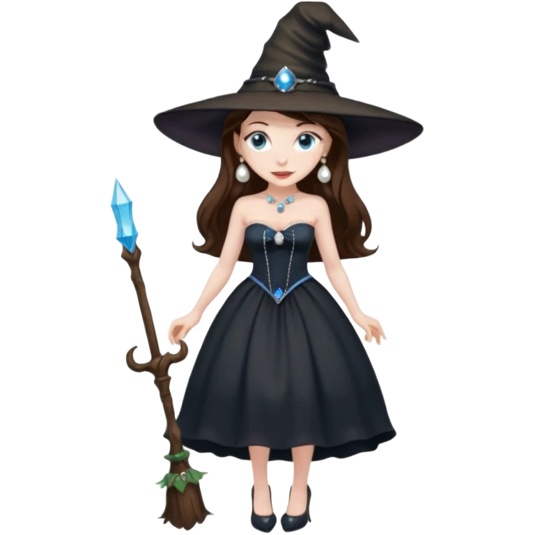 woman brunette, very large breasts, pale skin, blue eyes, long brown hair, black strapless dress, witch hat, pearl earrings, smirking, in black heels, standing, head to toe, full body, zoomed out, entire outfit visible emoji