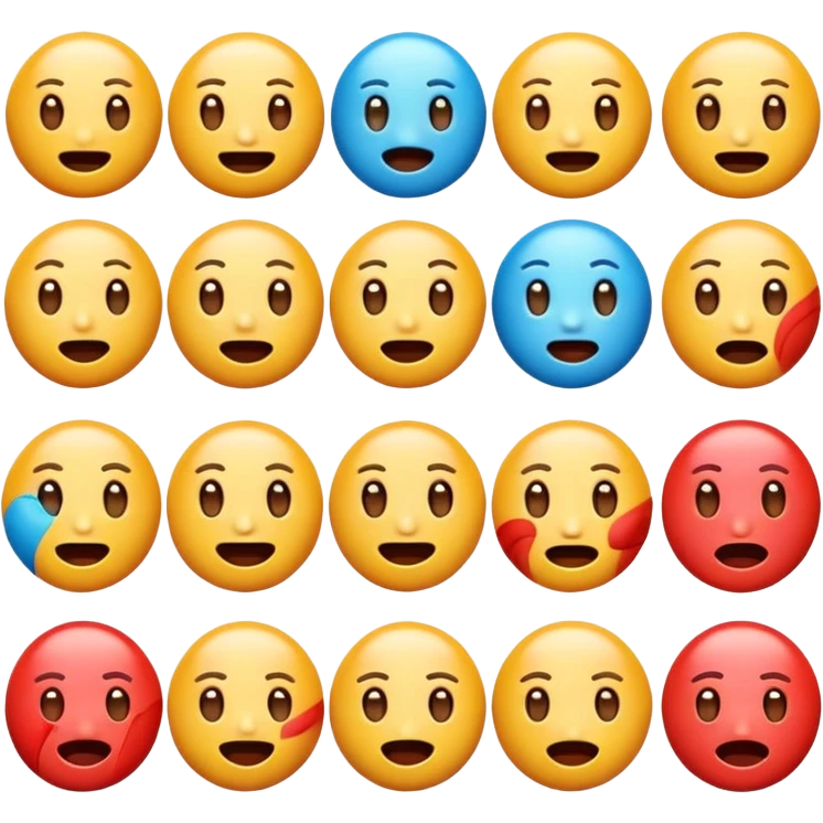 Generate a set of colorful, high-resolution emojis representing emotions like happiness, sadness, anger, love, surprise, and excitement. The emojis should have a glossy 3D style with smooth gradients, cute expressions, and clear facial features. Transparent background."
 emoji