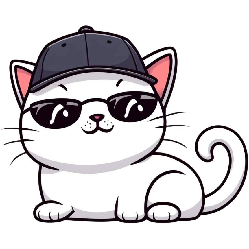 close-up of cat's face with one eye completely closed in an obvious wink, other eye open, wearing black snapback cap, black sunglasses positioned low on nose so cat is peeking over them, mischievous expression emoji