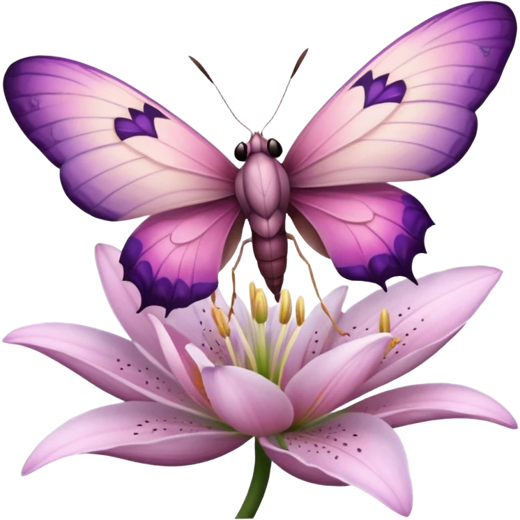 Композиция из моли и цветка — маленькая моль, сидящая на лепестке ночного цветка лилии. Цвета: пастельные, с акцентом на розовый и фиолетовый. Отражает гармонию с природой. emoji