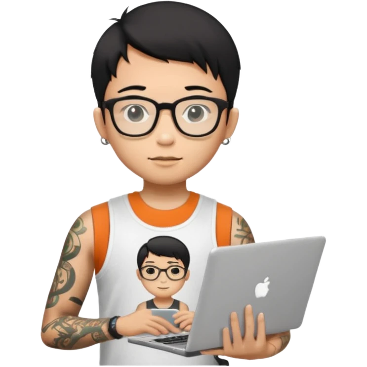 A young boy with A macbook laptop, black straight short hair, wearing glasses, wearing a tanktop, has tattoos, he is asian, no earrings, he's holding a laptop

Add the letters "P I F" floating around emoji