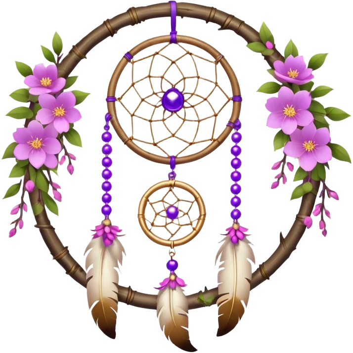 A white-birch-framed Dreamcatcher. with purple-round-orbs, gold-rings hanging down. purple flowers, pink sakura flowers, emoji