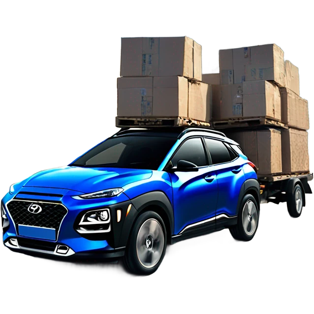Dark blue hyundai kona hauling two hyundai konas emoji