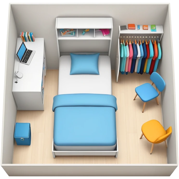 top-down view of teenage bedroom layout with bed, desk, closet, and storage emoji