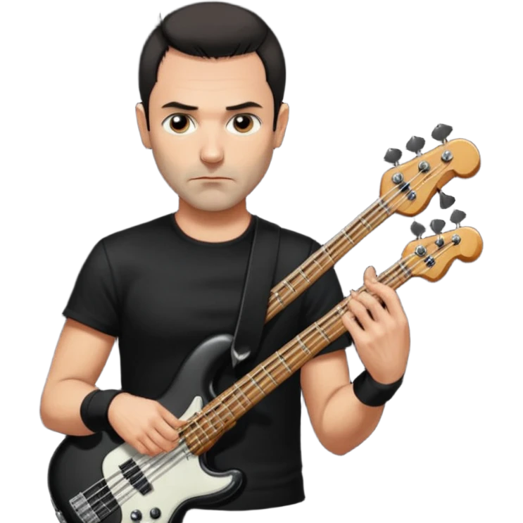 Oliver Riedel, bassist of Rammstein, tall and slim, short dark hair, calm expression, black shirt emoji