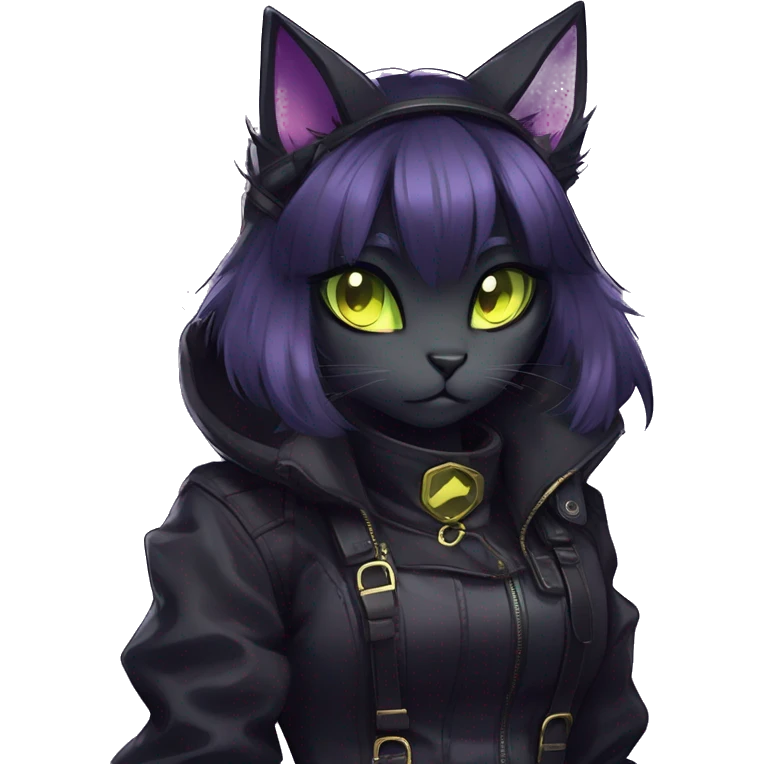 Gorgeous furry gothic dark techwear anime style anthro black cat furry sona Fakemon with blushing face yellow-green eyes with ponytail, aesthetic and pretty edgy black with violet collar and harness trending style emoji