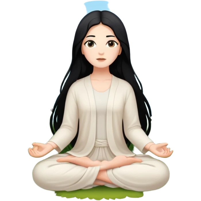 crea un chica blanca con cabello negro largo bonita de ojos marrones vestida de blanco conectando con la naturaleza rodeada de flores meditando  emoji