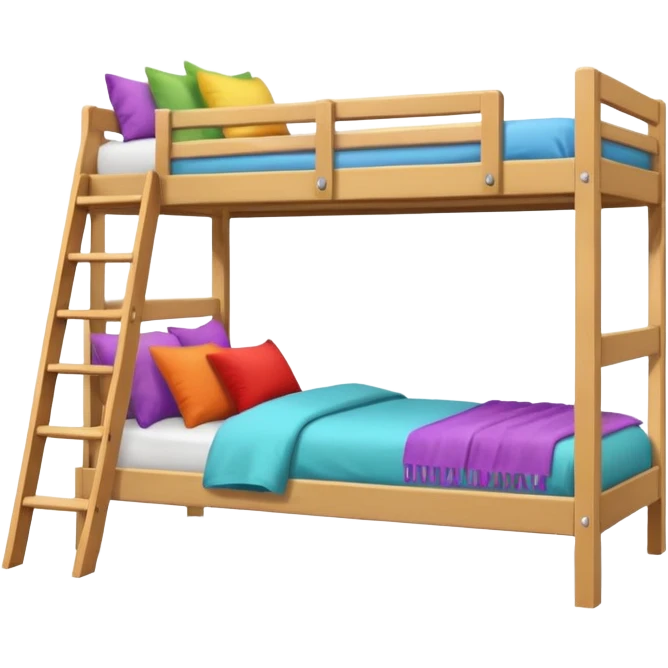 "Cozy bunk bed in a bright bedroom, wooden frame, colorful bedding, small ladder, soft natural light, realistic and detailed." emoji